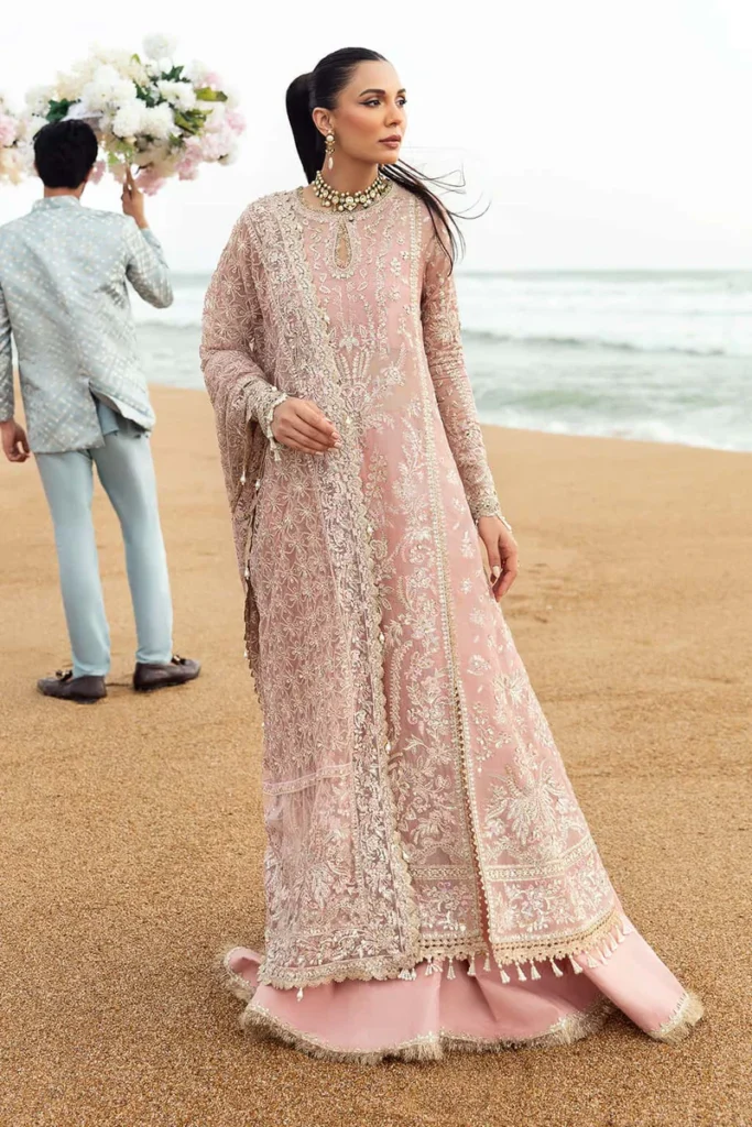 Pastel pink semi formal dress with embroidery and net dupatta